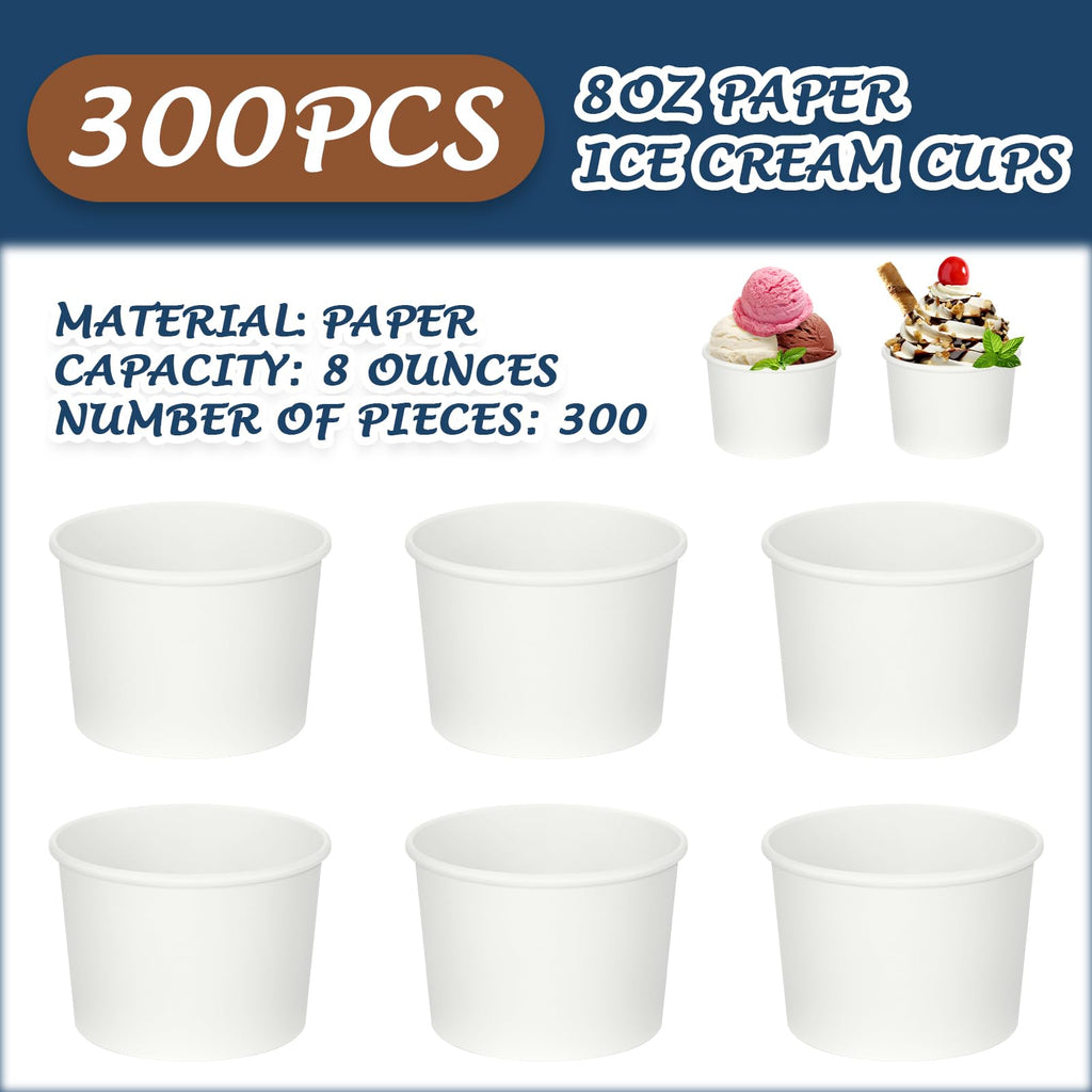 Nuenen 300 Stück 8 oz Eisbecher Einweg-Eisschalen Pappbecher Sundae-Becher Barbedarf für Snack-Partygeschenke (Weiß)