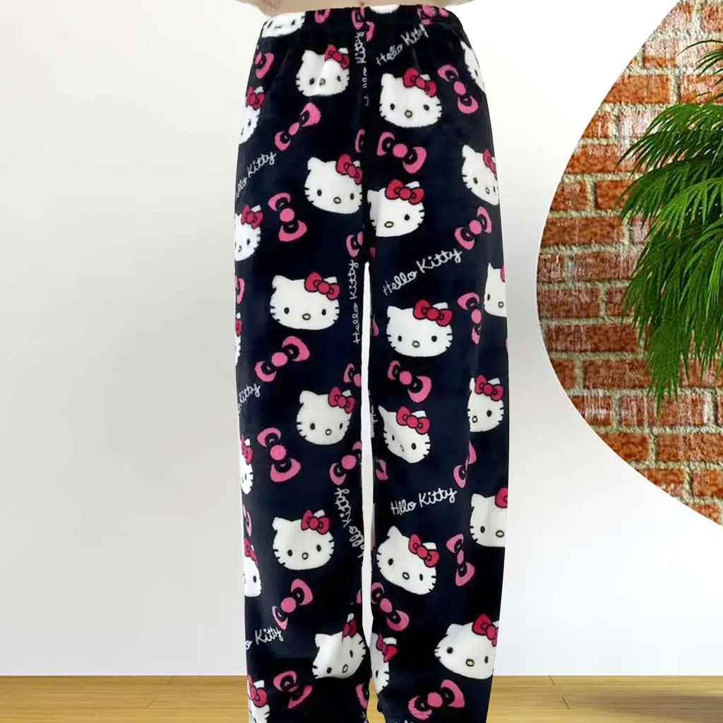 Anime Pajama Pants Women Cute Cat PJS Fluffy Flannel Sleep Bottoms