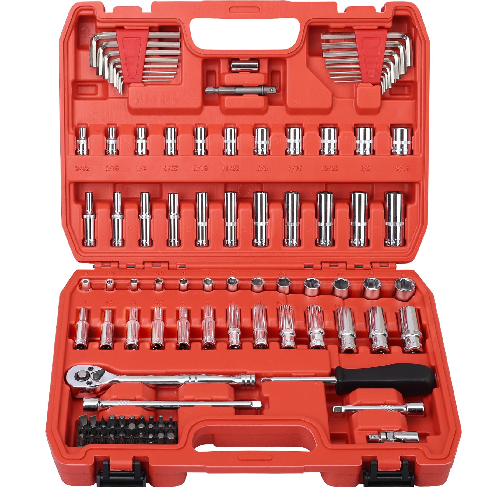 Egofine 46 Pieces 1/4 inch Drive Socket Ratchet Wrench Set, with Bit Socket Set Metric and Extension Bar for Auto Repairing and Household, with Storage Case