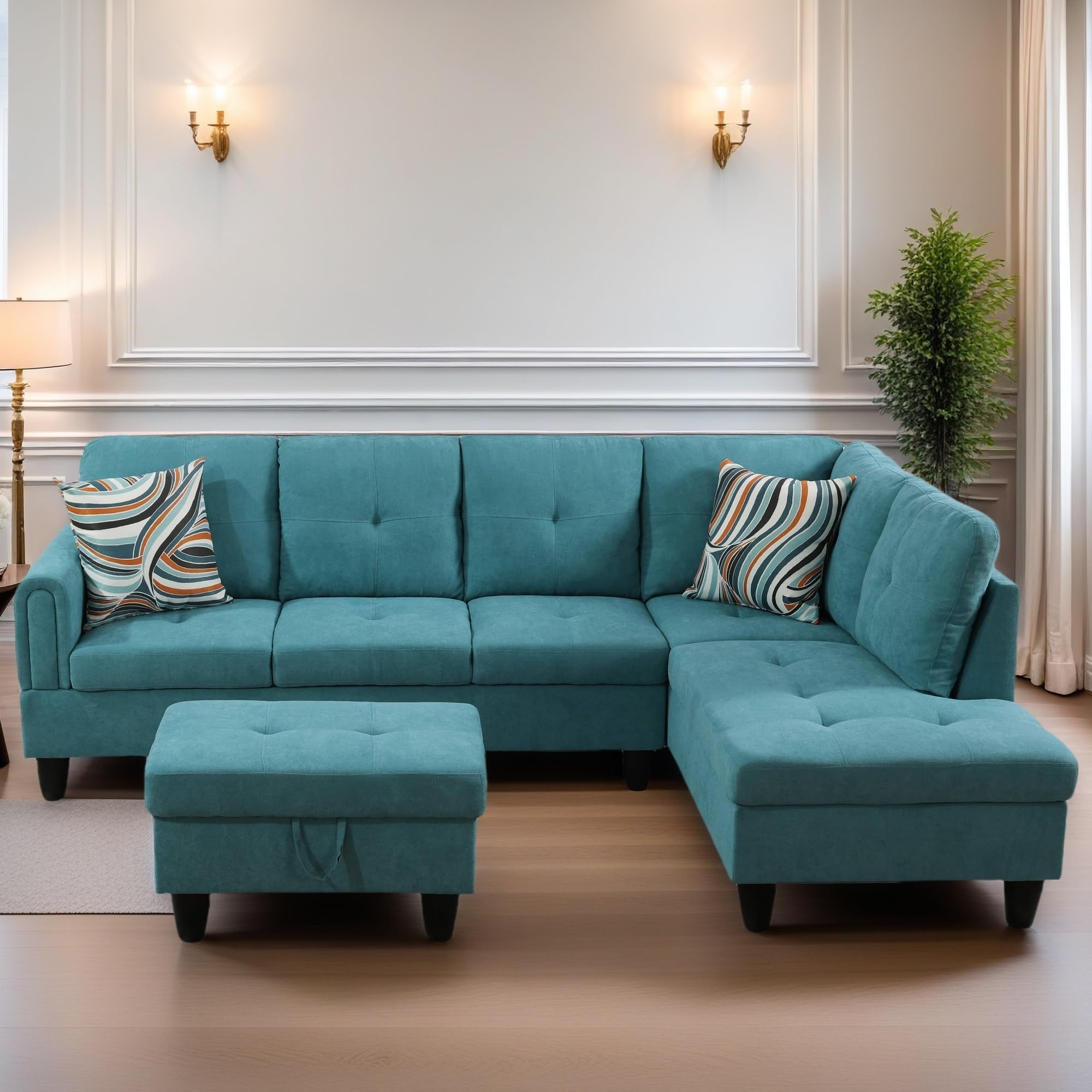 Leather Sectional Couch, Modern L Shaped Couches for Living Room, Comfy 4 Seat Modular Sectional Sofa with Ottoman Storage for Bedroom Apartment, Black