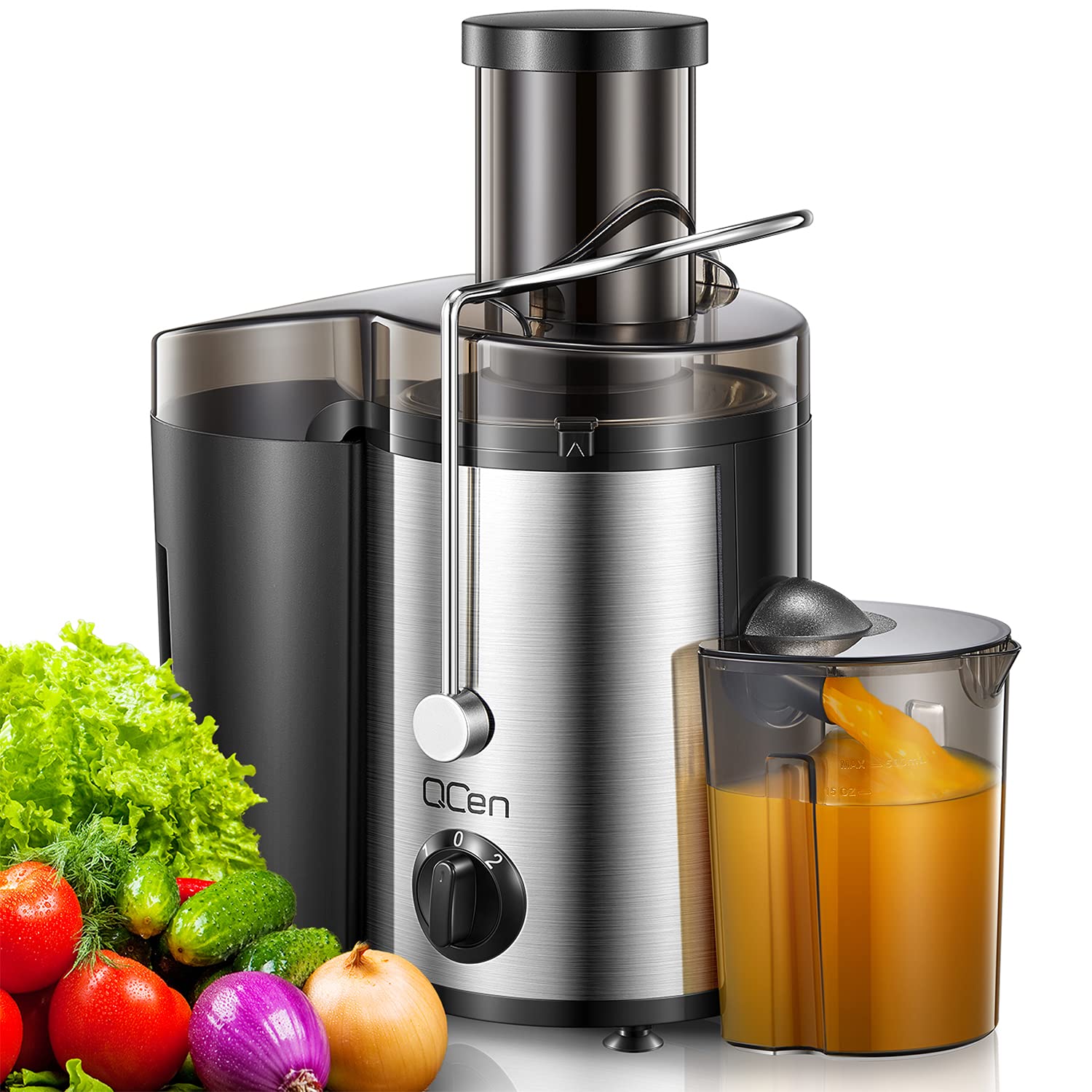QCen Juicer Machine, 500W Centrifugal Juicer Extractor with Wide Mouth 3” Feed Chute for Fruit Vegetable, Easy to Clean, Stainless Steel, BPA-free (Aqua)