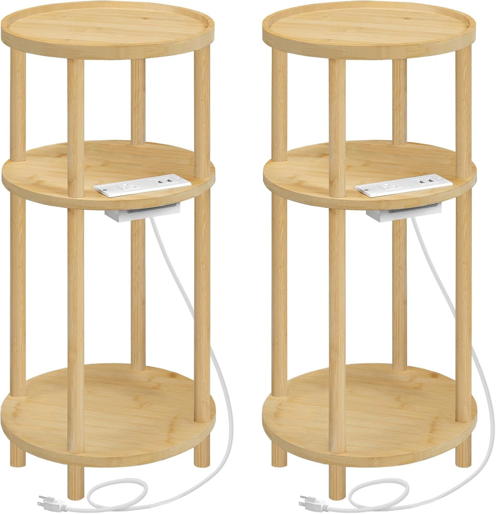 HOOBRO Set of 2 Small Round Side Tables with Charging Station, 3-Tier Round Bamboo End Tables, Easy Assembly, for Living Room, Bedroom, Apartment, Natural YL152UBZP201