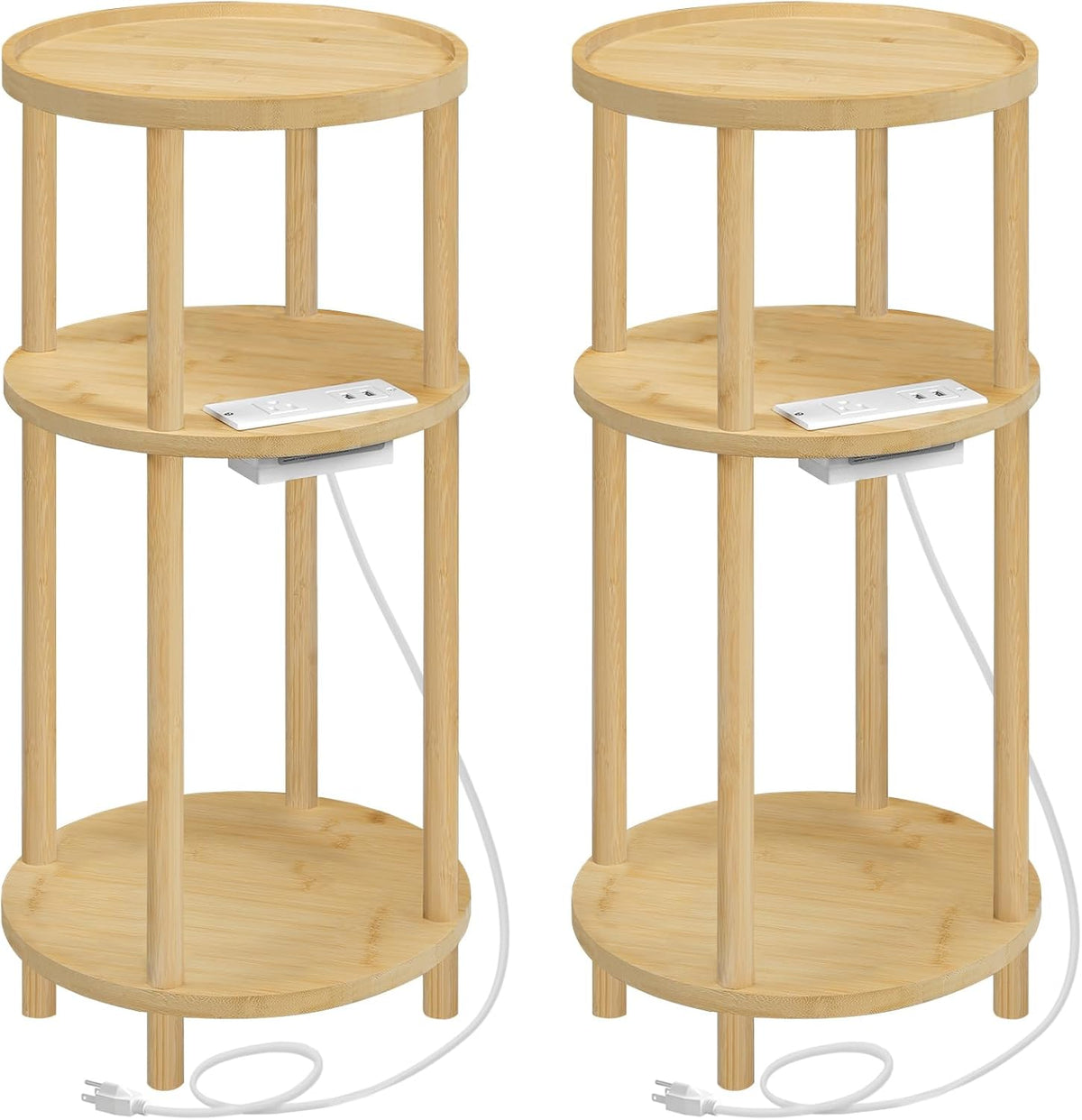 HOOBRO Set of 2 Small Round Side Tables with Charging Station, 3-Tier Round Bamboo End Tables, Easy Assembly, for Living Room, Bedroom, Apartment, Natural YL152UBZP201