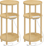 HOOBRO Set of 2 Small Round Side Tables with Charging Station, 3-Tier Round Bamboo End Tables, Easy Assembly, for Living Room, Bedroom, Apartment, Natural YL152UBZP201