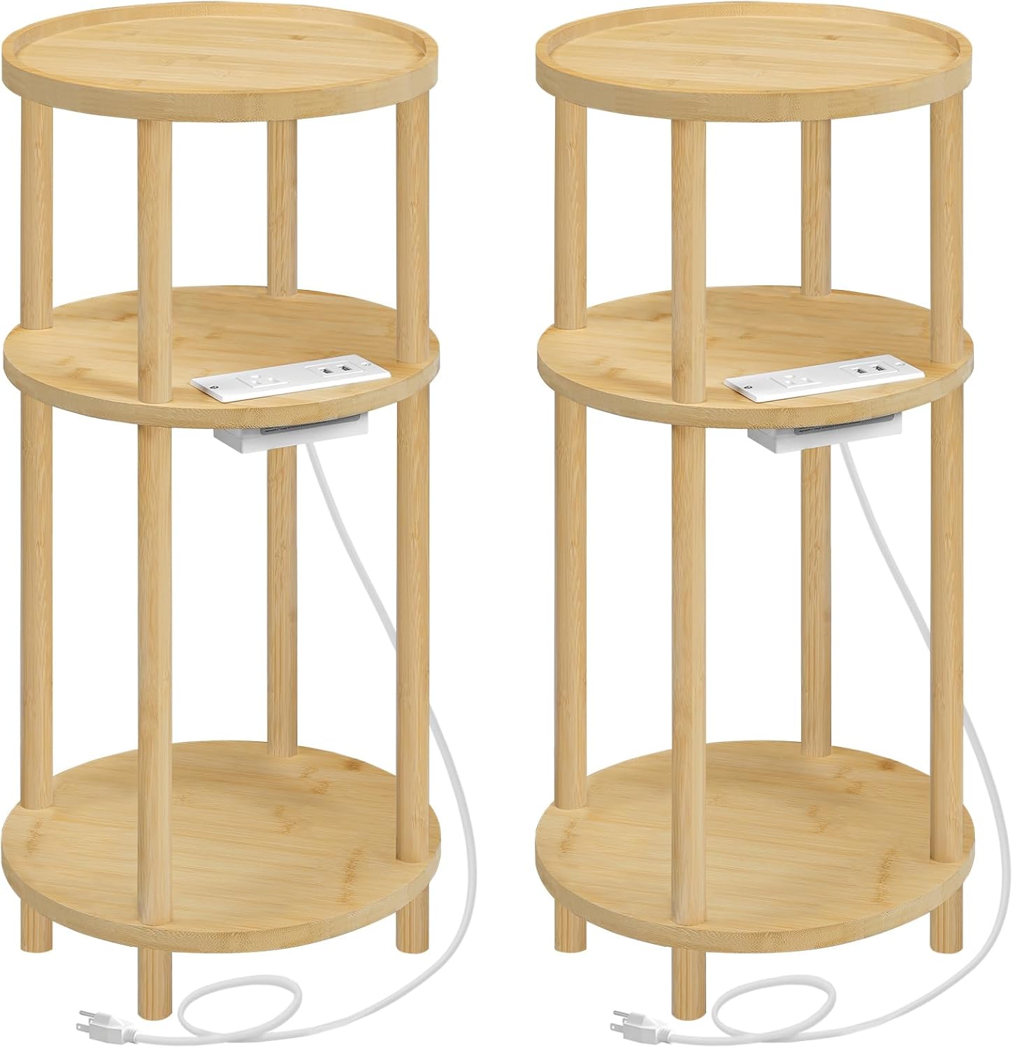 HOOBRO Set of 2 Small Round Side Tables with Charging Station, 3-Tier Round Bamboo End Tables, Easy Assembly, for Living Room, Bedroom, Apartment, Natural YL152UBZP201
