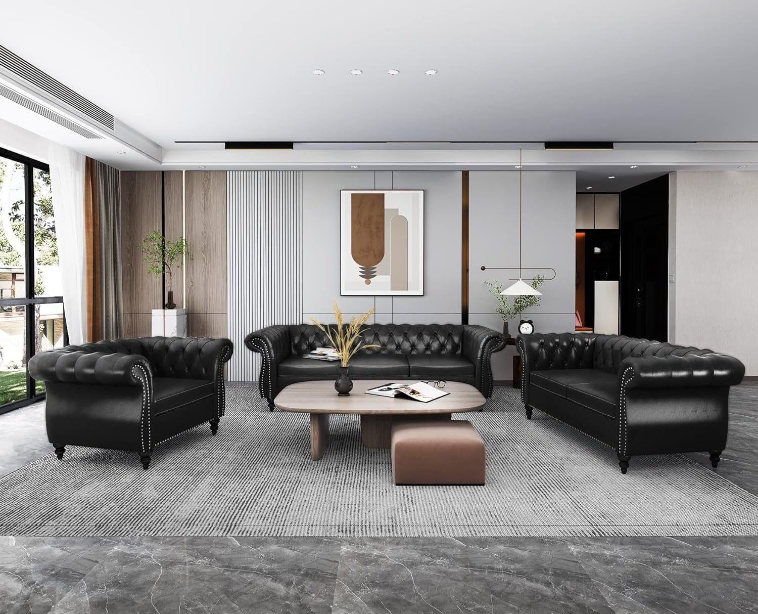 AVZEAR 3-Piece Living Room Sectional Sofa Set, Green Velvet Couch Upholstered Sofa Modern Sofa Couches Set Style Button Tufted, Velvet Chesterfield Sofa for Living Room Apartment, 1+2+3 Seat Green