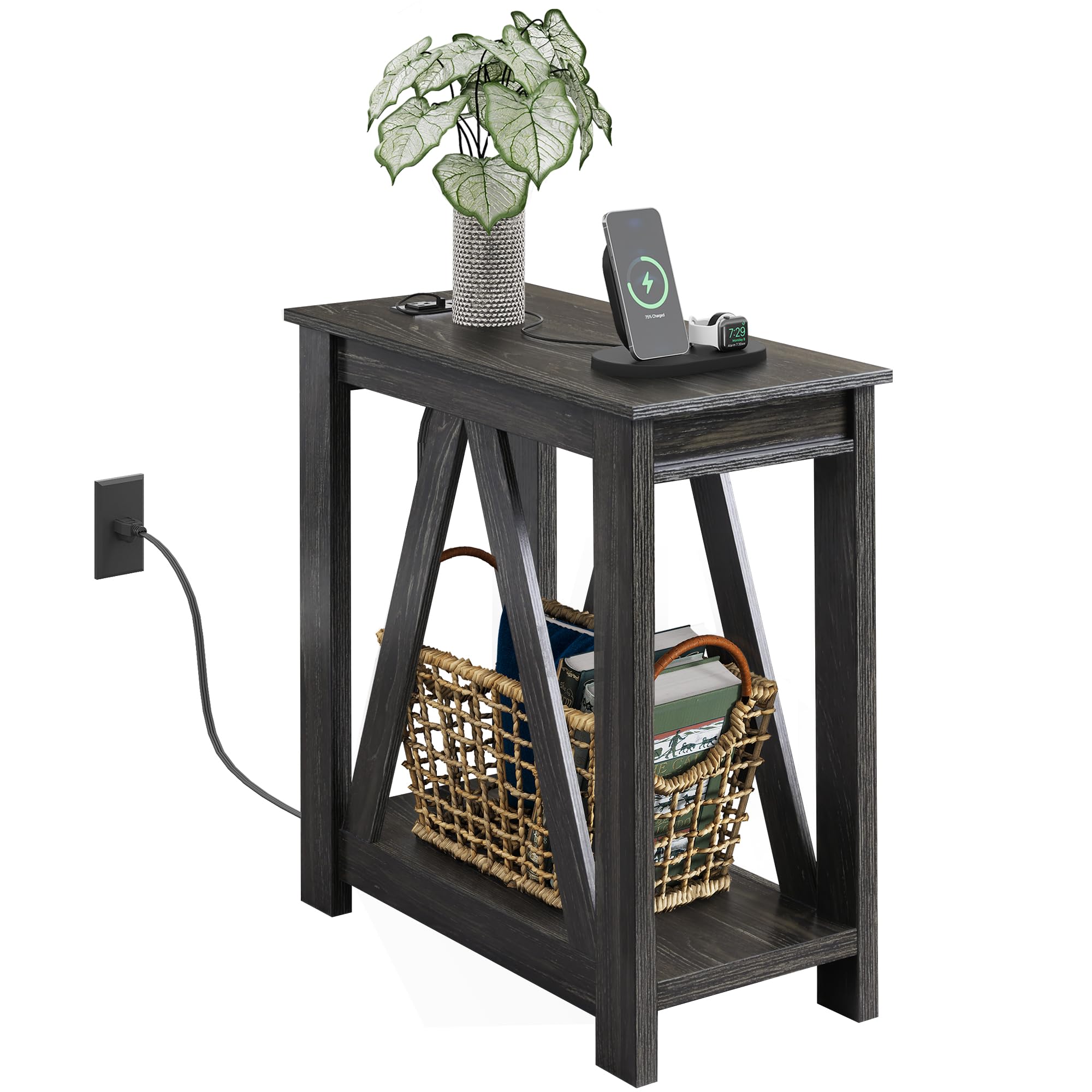 WLIVE Farmhouse End Table, Narrow Side Table with Charging Station, Slim End Table, Side Table for Bedroom, Living Room, Small Spaces, with 2 USB and 2 Power Outlets, 11.8" D x 23.6" W x 23.74" H