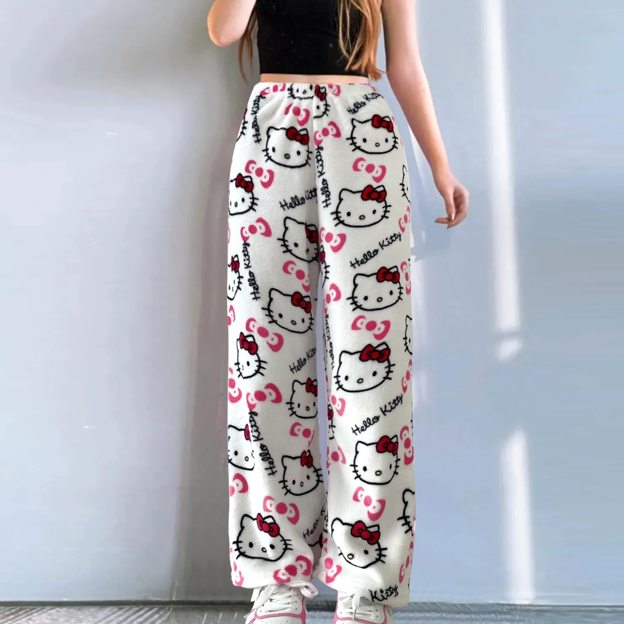 Animal Pajamas for Women Girls Cartoon Flannel Cat All Over Print Christmas Halloween Sleep Pajama Pants Rose Pink M
