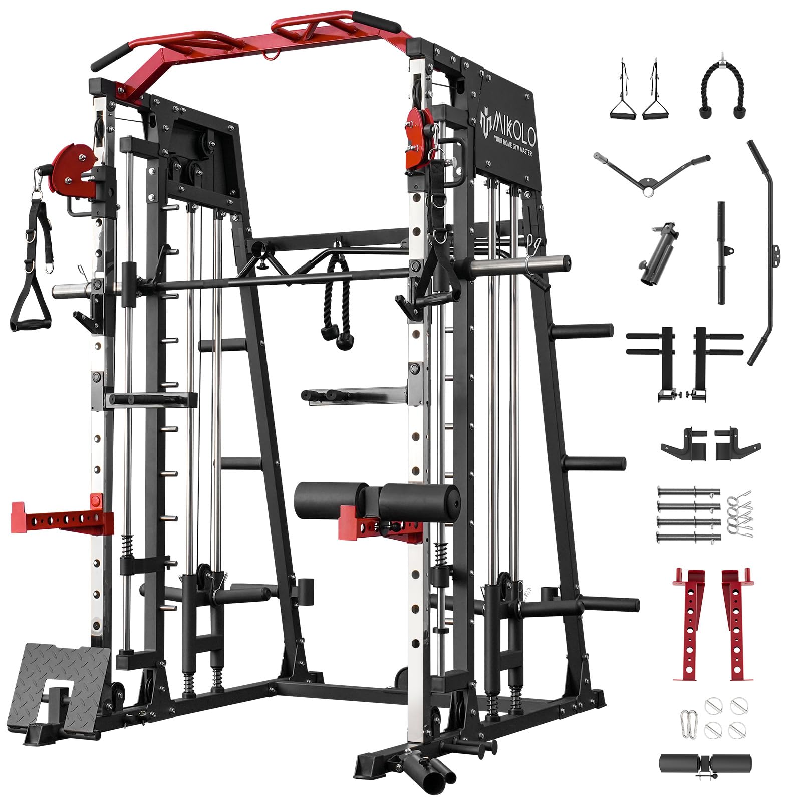 Machine Smith Mikolo, rack à squats 2200lbs avec système de tirage vertical LAT et machine à câble croisé, équipement d'entraînement avec attache de maintien des jambes