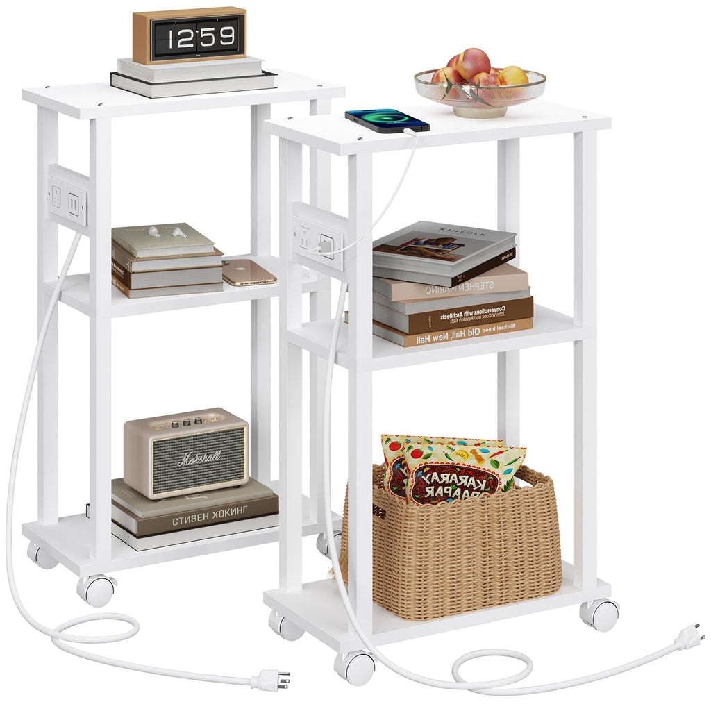 TUTOTAK Small Narrow Side Table with Charging Station, Skinny End Table for Small Spaces, Slim Nightstand with USB Ports and Outlet, Sofa Beside Table with Wheels, Brown TB01BB046