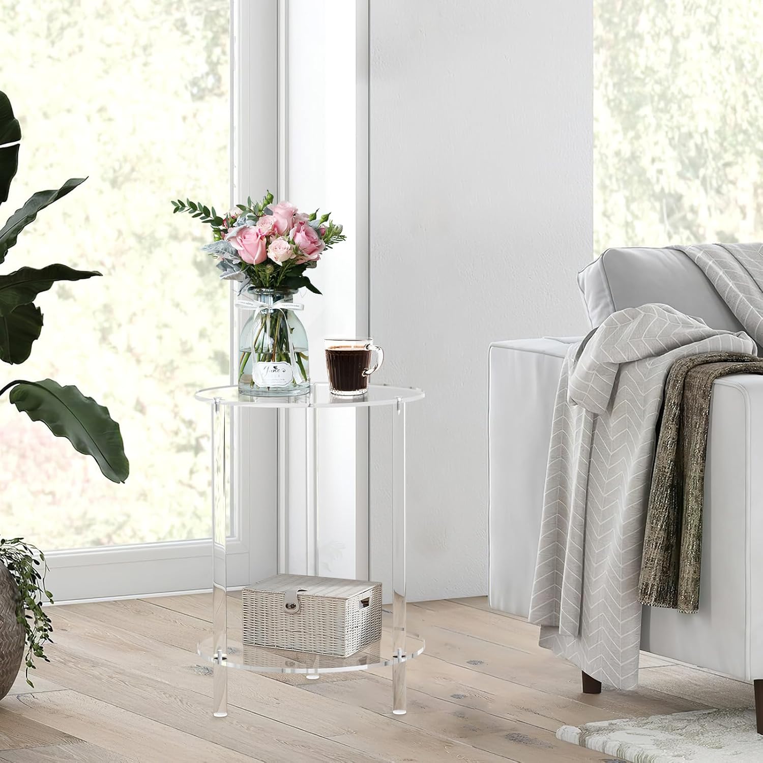 Clear Acrylic Round Side Table for Small Spaces, Acrylic Clear Coffee/End/Bedside Table,2-Tier Acrylic Nightsand/Furniture for Living Room, Bedroom, Bathroom, Garden, Office
