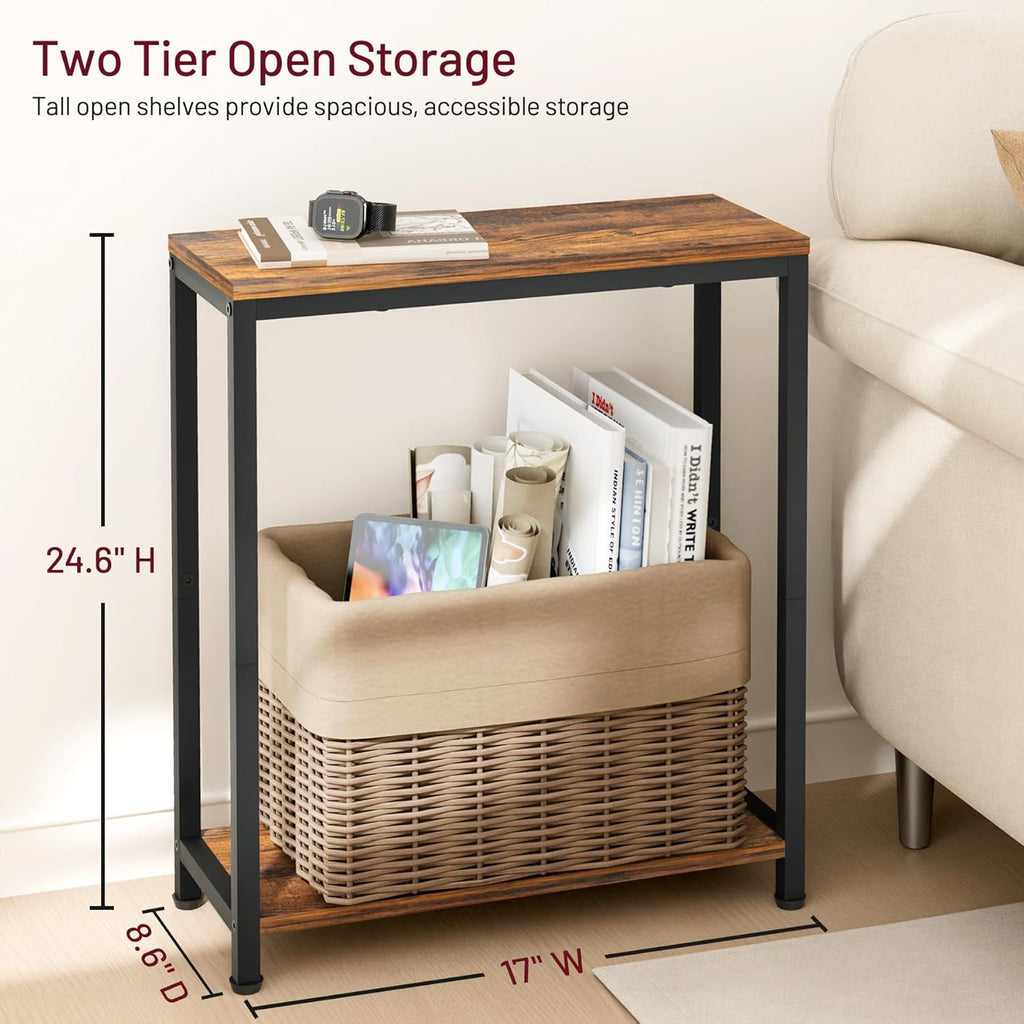 SLEEPING LAMB Narrow Small Side Table for Small Space, 2 Tier Sofa Skinny End Table for Living Room, Bedroom Beside Slim Nightstand, Rustic Brown and Classic Black
