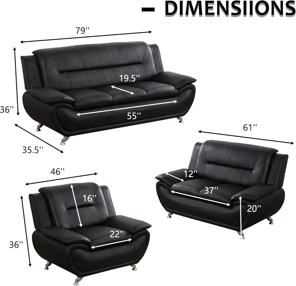 3 Piece Living Room Couch Set, Faux Leather Sofa Set, Modern Sofa Couch Set Living Room Furniture (Sofa+Loveseat+Chair, Black)