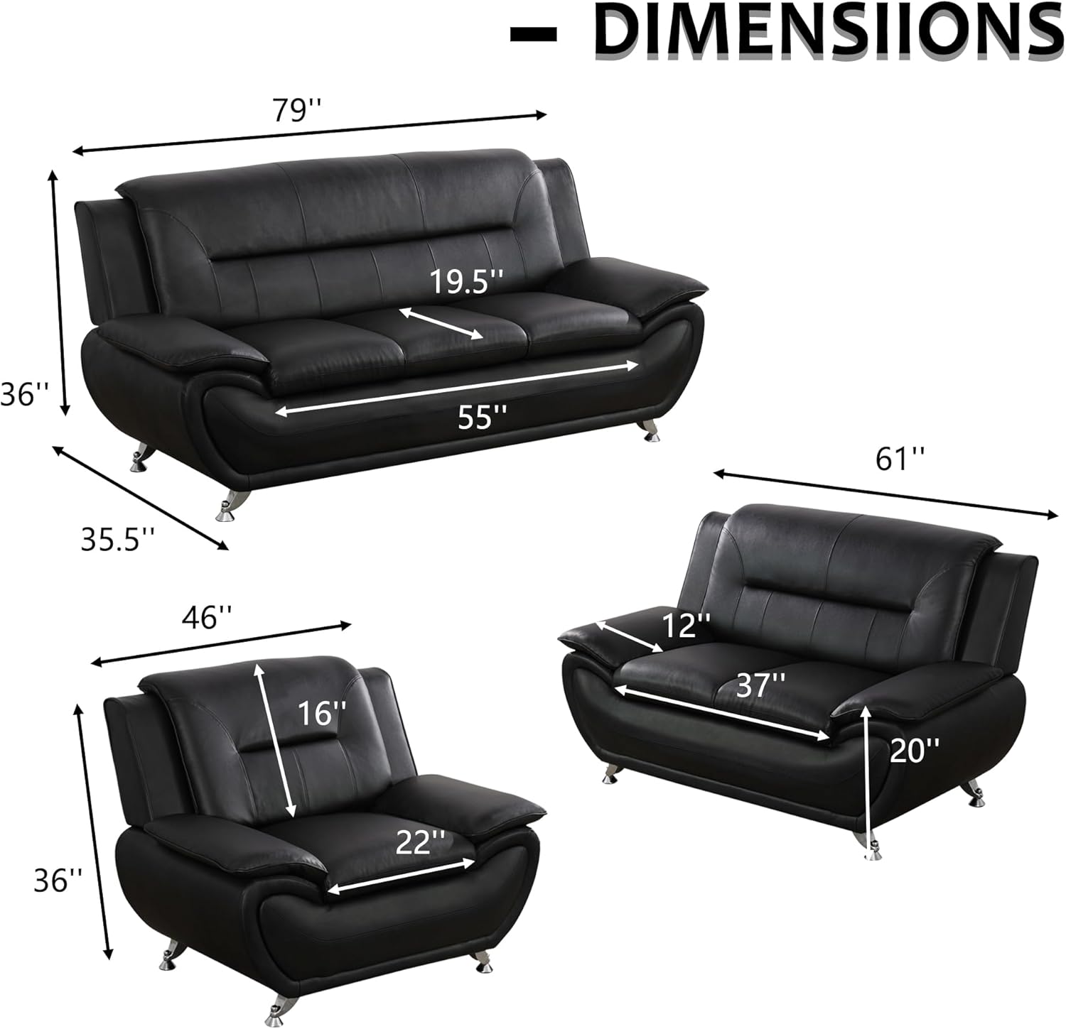 3 Piece Living Room Couch Set, Faux Leather Sofa Set, Modern Sofa Couch Set Living Room Furniture (Sofa+Loveseat+Chair, Black)