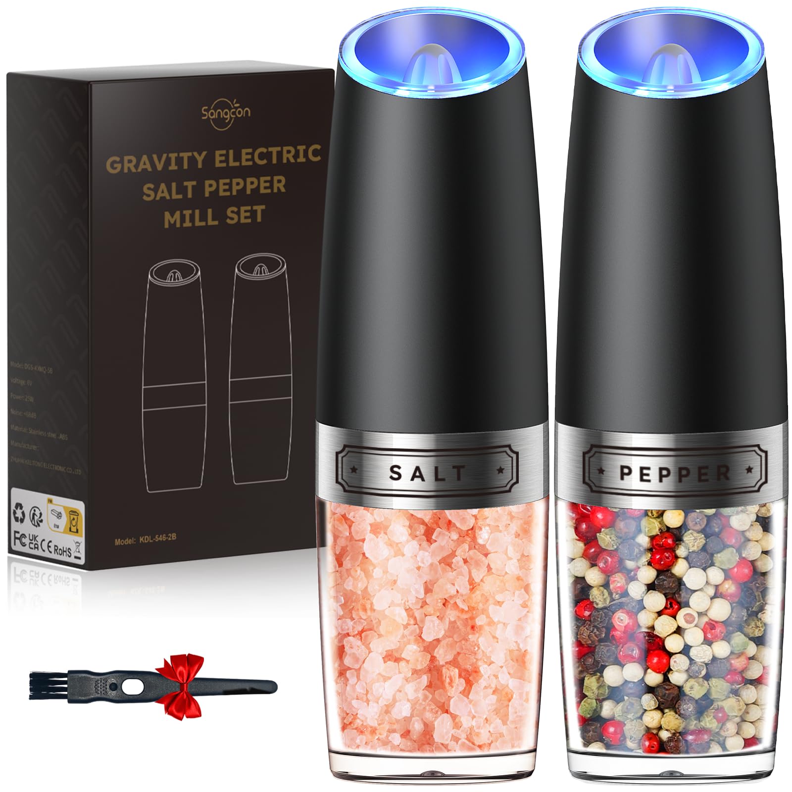 Sangcon Gravity Electric Pepper and Salt Grinder Mill Automatic Shaker Grinder with LED Light, Battery Powered Adjustable Coarseness One Hand Operation, Upgraded Larger Capacity, 1pc