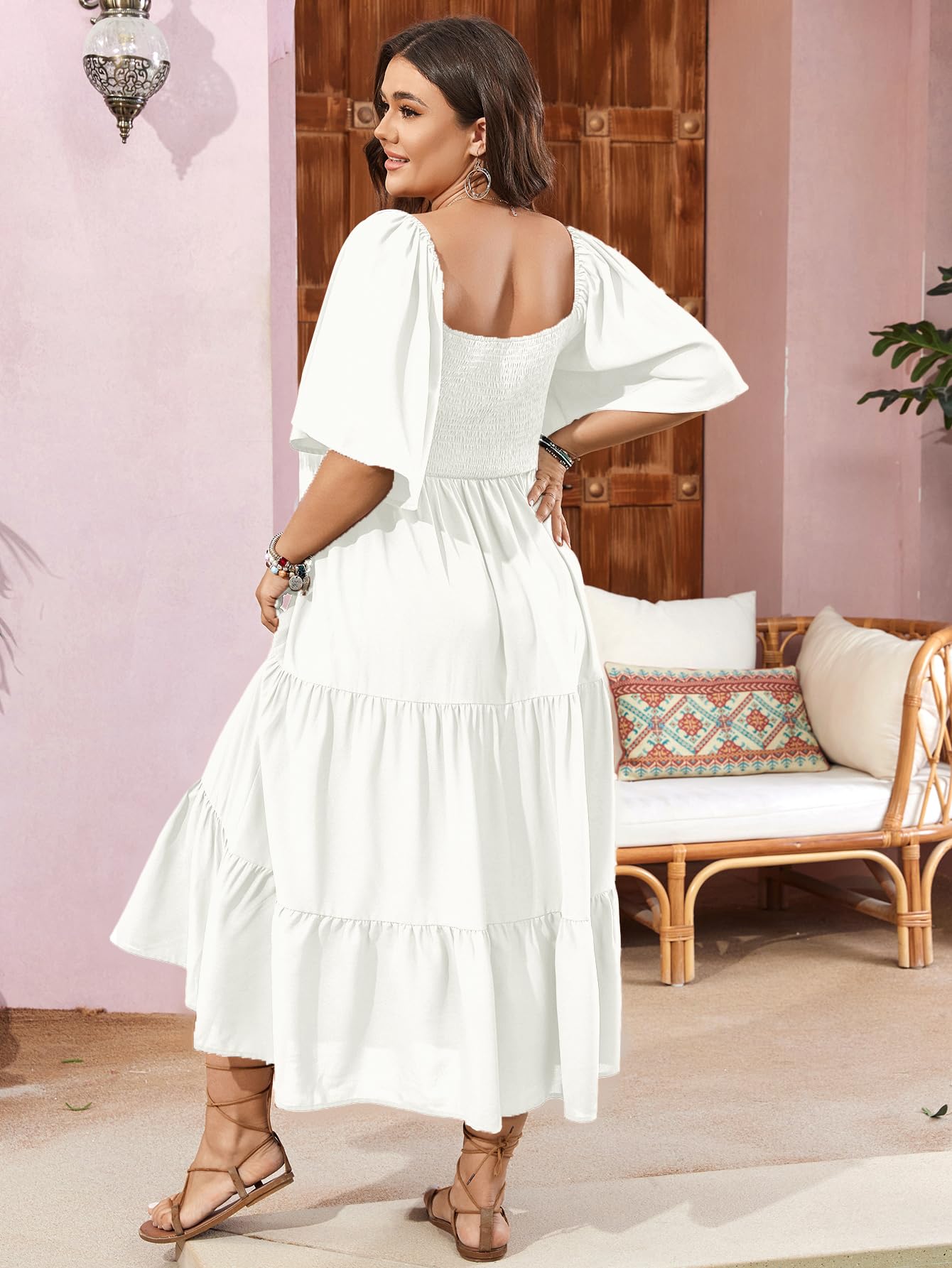 SCOMCHIC Women's Plus Size Flowy Maxi Dress Flutter Short Sleeve Boho Dress Square Neck Smocked Formal Dresses for Women White