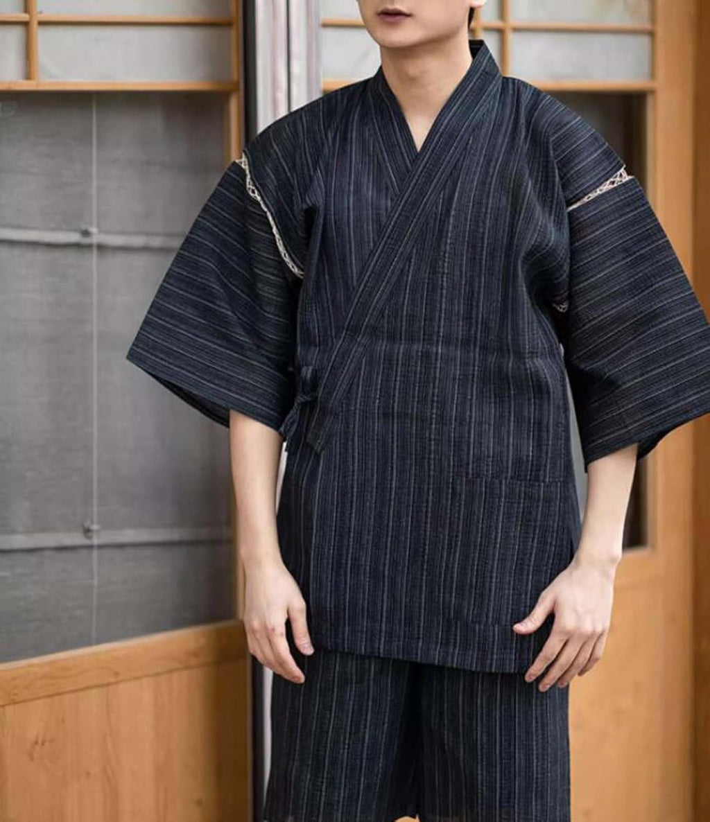 Men's Kimono Japanese Jinbei Shirt and Pant Cotton Linen Loungewear Lounge Set Spa Bathrobe, Style 5 Multicolor