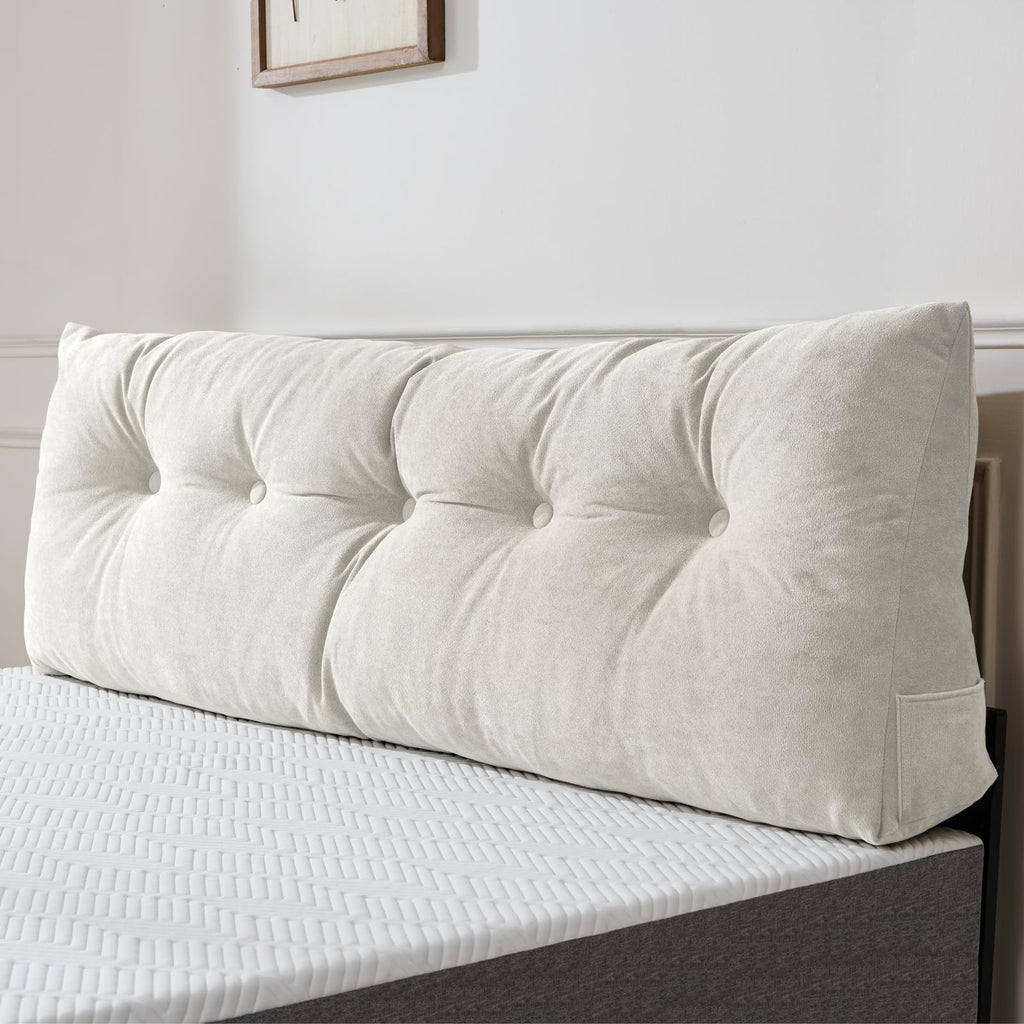 Lukace Premium kilepude hovedgærde med aftageligt betræk - trekantet læsestøtte ryglæn til seng med sidelommer, perfekt til læsning og TV (beige enkeltsengsstørrelse, 39x8x20 tommer)