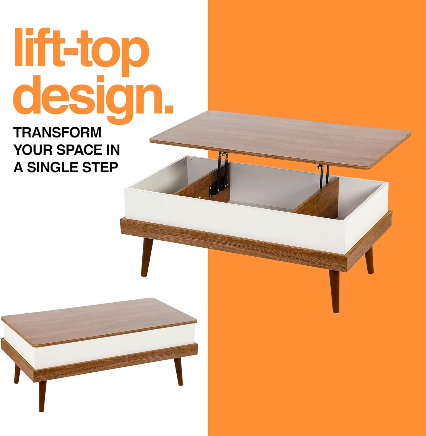 Houseables Lift Up Coffee Table, Pull Up Coffee Table, Lift Top Desk, Pull Out Tabletop, Rising, Modern Living Room Desk with Storage, to Eat, Fold Out, Adjustable, Raising, Liftup, White, Brown Wood