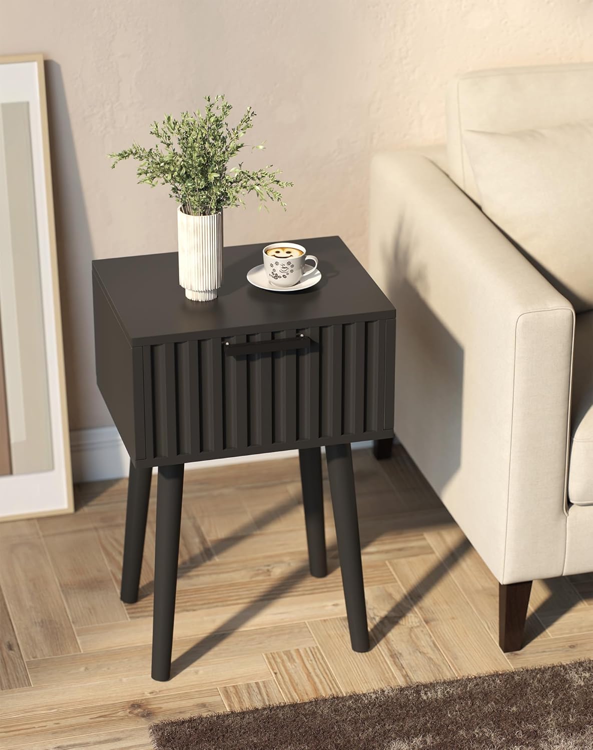 YMYNY Fluted Nightstand Set of 2, Small End Table, Modern Coffee Table with Drawer, Solid Wood Legs, Retaining Chain, 13.8" x 10.6" x 20.9", for Bedroom and Small Spaces, Black UHST014B-2