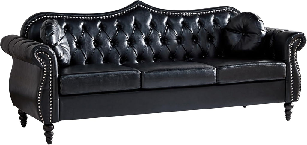 AVZEAR 82" Three Seater Leather Sofa, Chesterfield Sofa, Mid-Century Modern PU Upholstered Sofa Couch, Deep Button Tufted Living Room Sofa with Two Throw Pillows, Black