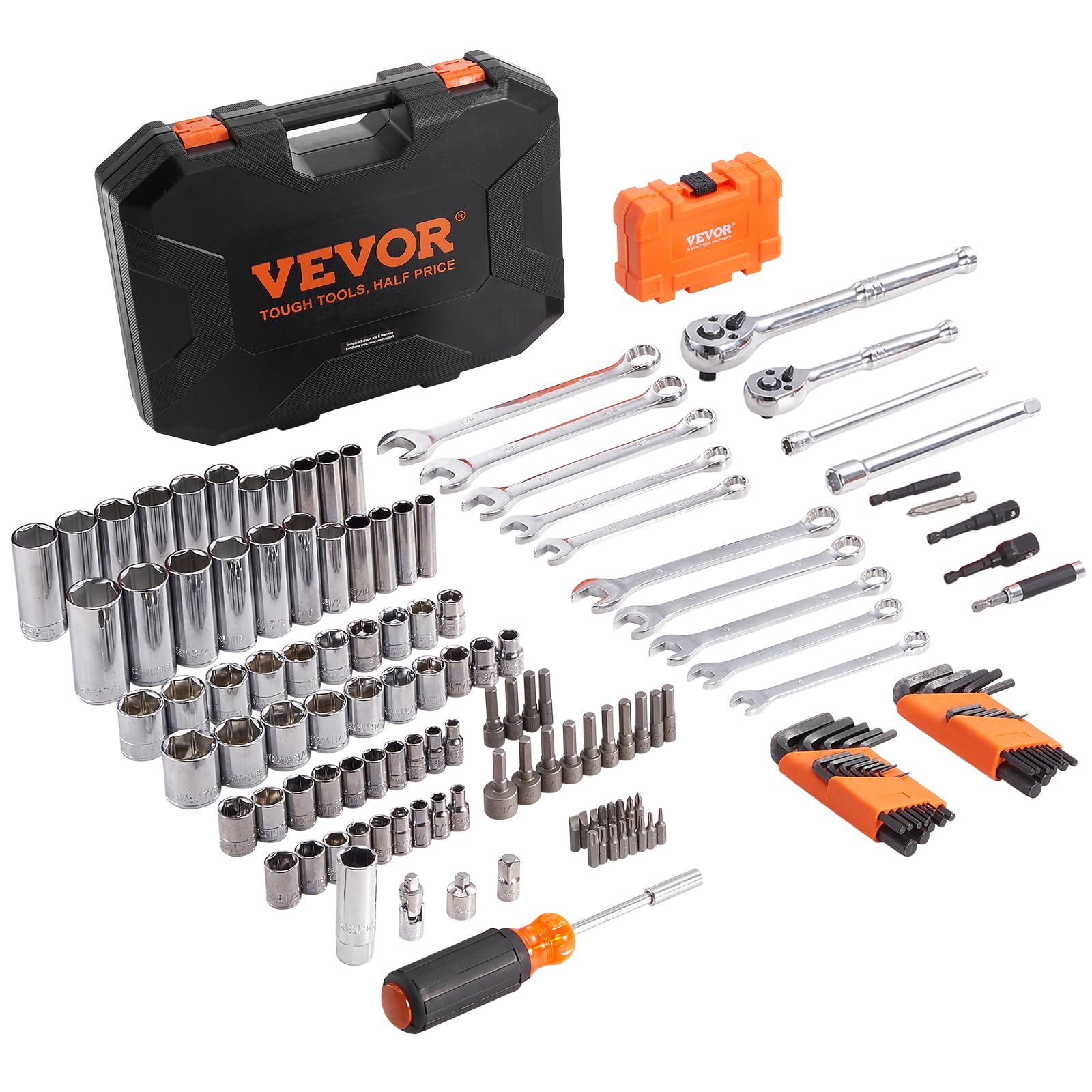 VEVOR Mechanics Tool Set and Socket Set, 1/4" 3/8" 1/2" Drive Deep and Standard Sockets, 450 Pcs SAE and Metric Mechanic Tool Kit with Bits, Combination Wrench, Hex Wrenches, Accessories, Storage Case