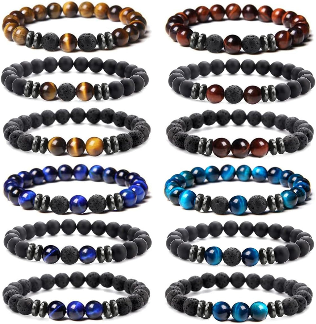MOZAKA 12Pcs 8mm Natural Stone Lava Rock Beaded Bracelets for Men Women Tiger Eye Hematite Black Onyx Matte Beads Essential Oil Diffuser Lava Stone Bead Bracelets Bulk