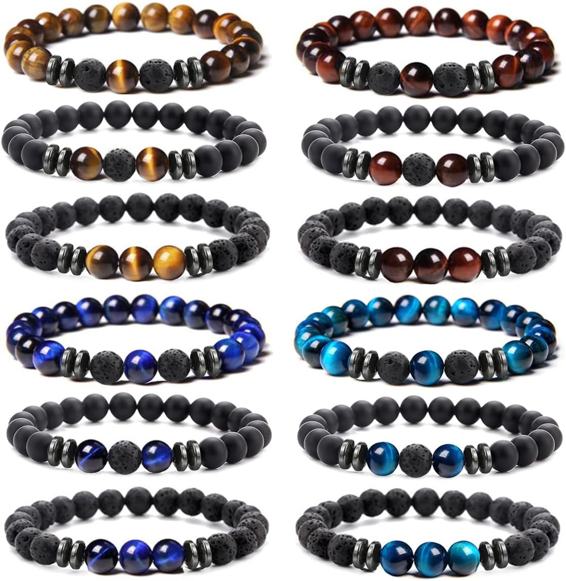 MOZAKA 12Pcs 8mm Natural Stone Lava Rock Beaded Bracelets for Men Women Tiger Eye Hematite Black Onyx Matte Beads Essential Oil Diffuser Lava Stone Bead Bracelets Bulk