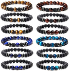 MOZAKA 12Pcs 8mm Natural Stone Lava Rock Beaded Bracelets for Men Women Tiger Eye Hematite Black Onyx Matte Beads Essential Oil Diffuser Lava Stone Bead Bracelets Bulk