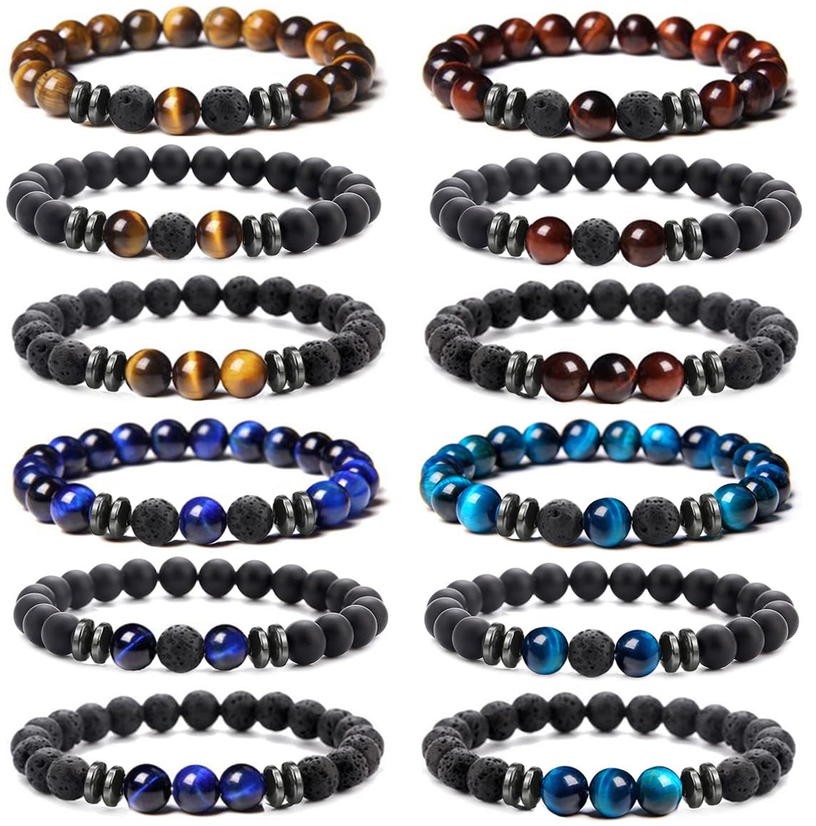 MOZAKA 12Pcs 8mm Natural Stone Lava Rock Beaded Bracelets for Men Women Tiger Eye Hematite Black Onyx Matte Beads Essential Oil Diffuser Lava Stone Bead Bracelets Bulk