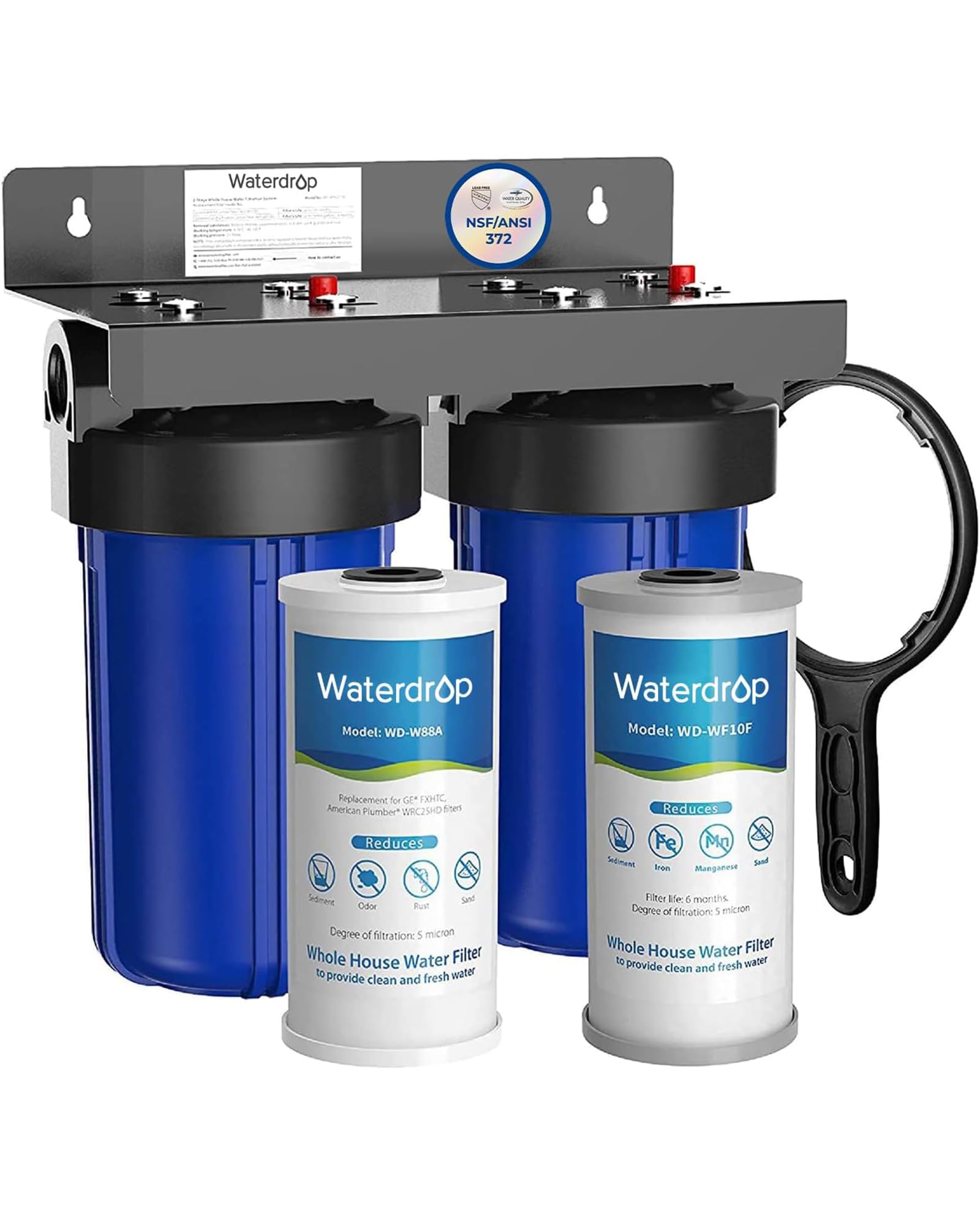 Waterdrop Whole House Water Filter System, with Carbon Filter and Sediment Filter, 5-Stage Filtration, Highly Reduce Lead, Chlorine, Odor and Taste, 2-Stage 5 Micron WD-WHF21-PG, 1" Inlet/Outlet