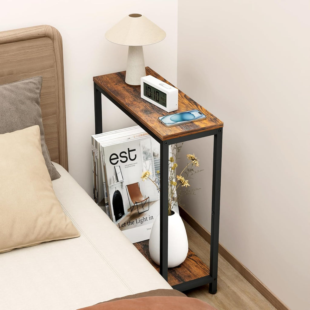 SLEEPING LAMB Narrow Small Side Table for Small Space, 2 Tier Sofa Skinny End Table for Living Room, Bedroom Beside Slim Nightstand, Rustic Brown and Classic Black