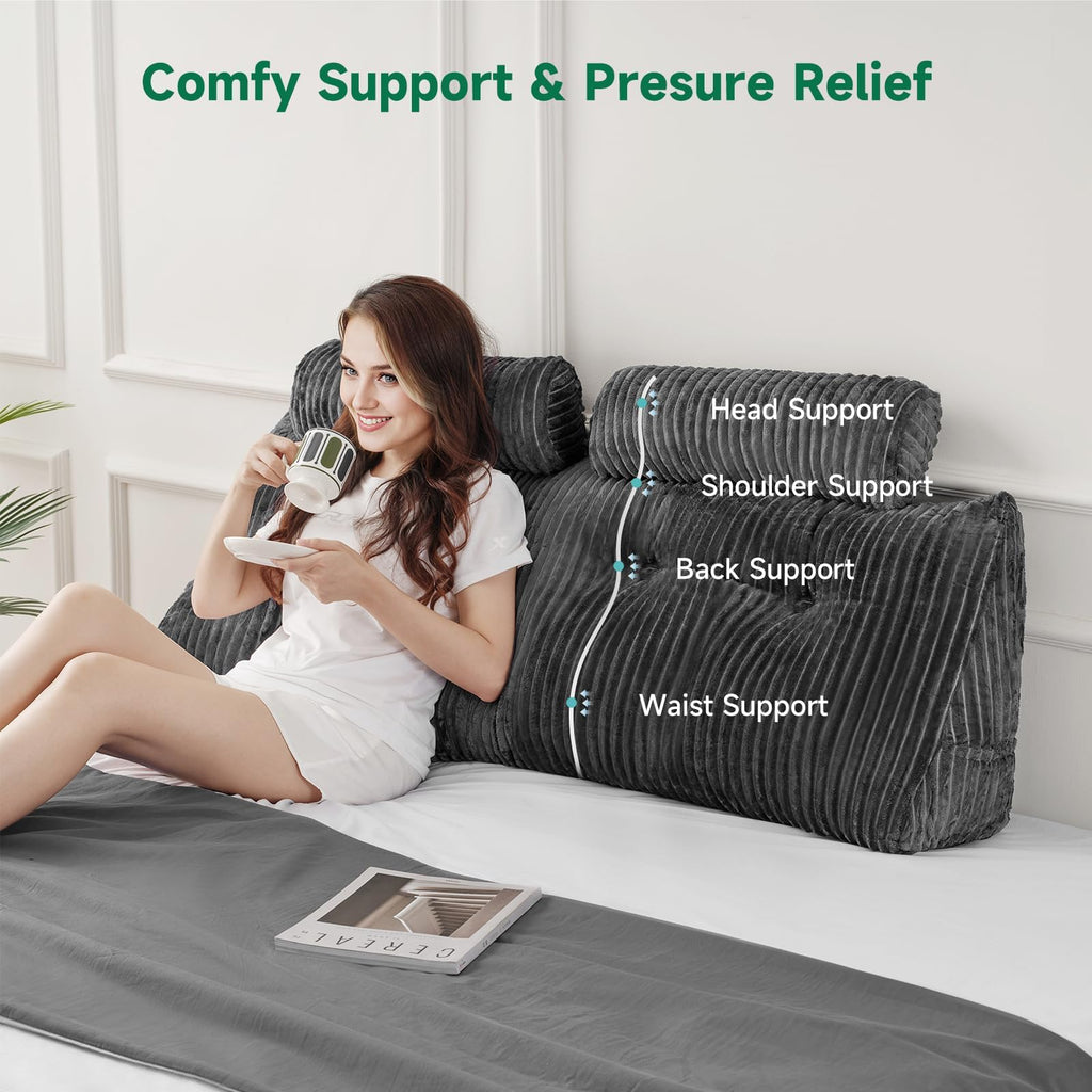 Z-hom Queen Pillow Headboard with 2 Roll Pillow, Triangular Wedge Headboard Pillow, Large Reading Pillow Bed Reading Pillow for Bed Sitting Up Sleeping, Backrest Pillow for Back Pain Relief, Grey