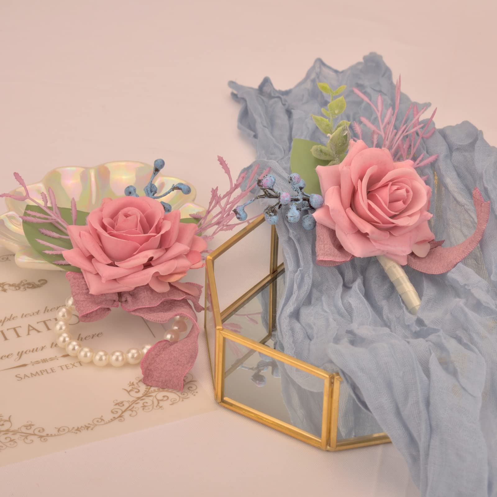 Weslymoo Dusty Pink Rose Wrist Corsage and Boutonniere Set Artificial Prom Flower Corsage Wristlet Band Bracelet and Boutonniere for Men Wedding Accessories Prom Stuff Decorations