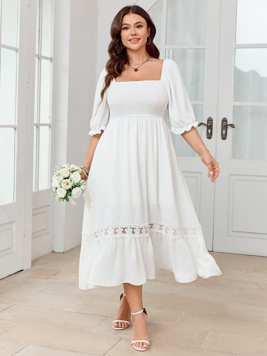 SCOMCHIC Women's Plus Size Maxi Dress Short Sleeve Square Neck Smocked Flowy A-Line Lace Trim Boho Wedding Guest Dresses White