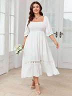SCOMCHIC Women's Plus Size Maxi Dress Short Sleeve Square Neck Smocked Flowy A-Line Lace Trim Boho Wedding Guest Dresses White