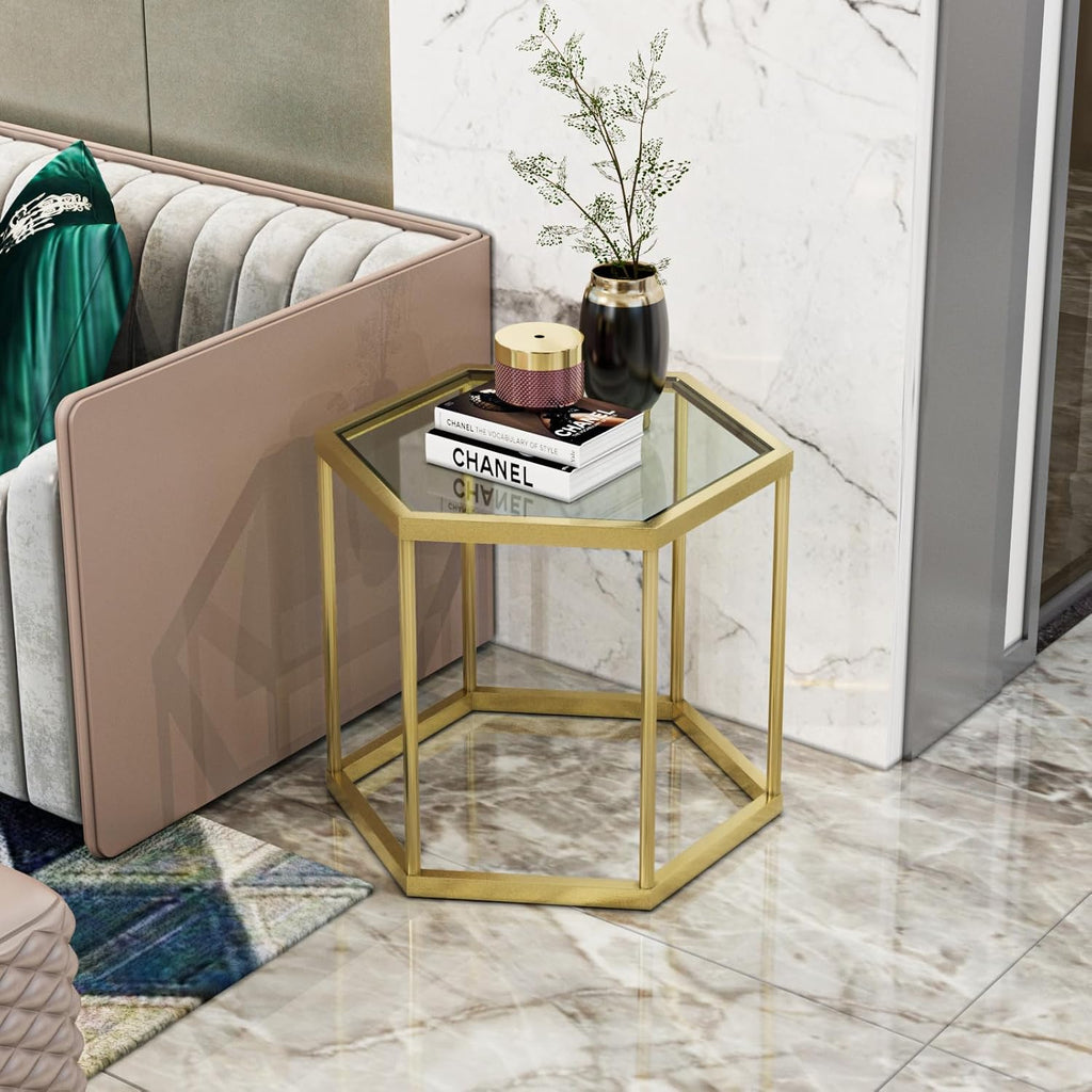 Gold Glass Coffee Table Modern Glass Center Table, Hexagon Free Combination Coffee Table Small End Tables for Living Room Set of 3