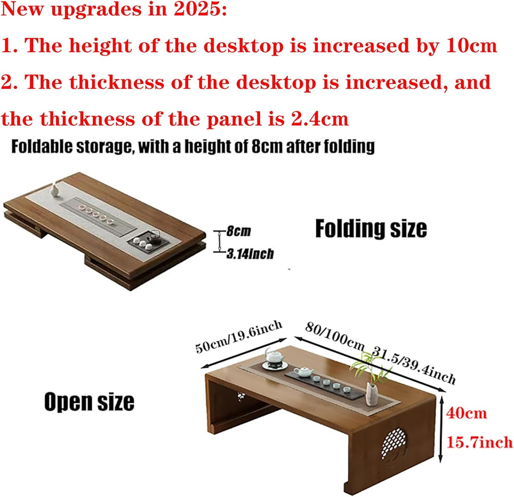 2025 Newly Upgraded Japanese Floor Table Folding Japanese Coffee Table No Assembly, Solid Wood Low Tatami Table Portable Japanese Style Low Tea Coffee Table for Sitting on The Floor Easy Storage