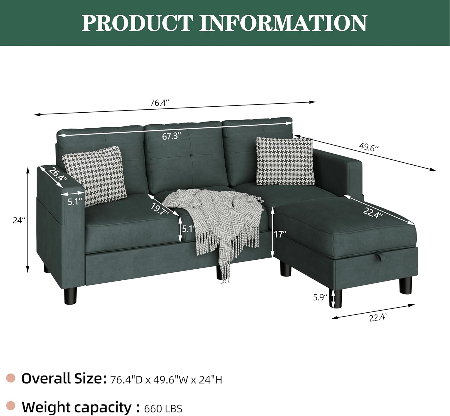JAMFLY Sectional Sofas Couches for Living Room, L Shaped Couch with Storage Sofa Set, Small Couches for Small Spaces with Movable Ottoman, Dark Grey