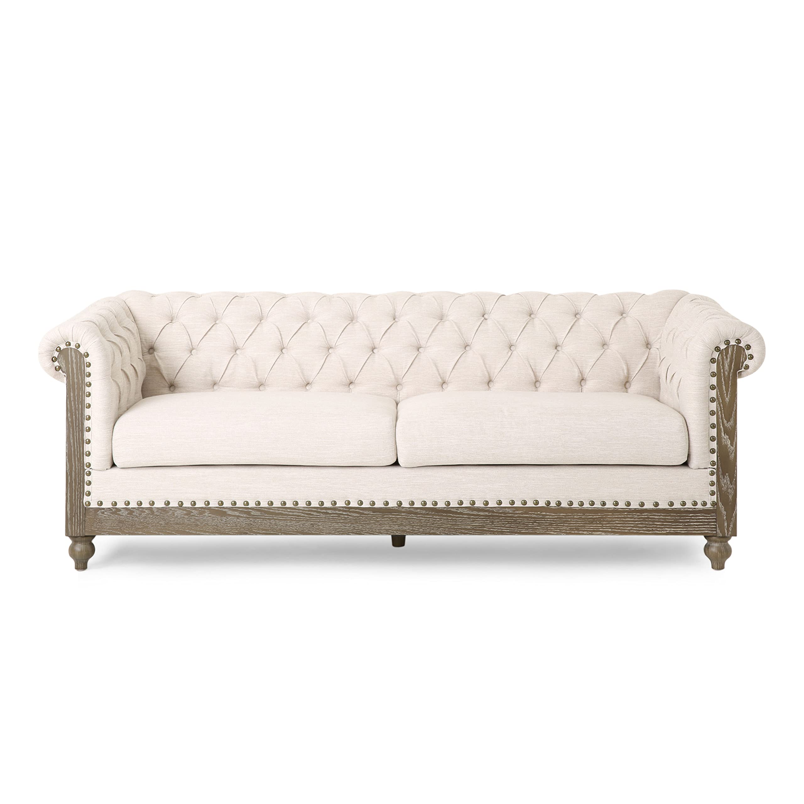 Merax Chesterfield Sofa, Retro Style Upholstered 3 Seater Rolled Arm Couch for Living Room Bedroom Office, Beige