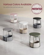 VASAGLE Side Table with Charging Station, Round End Table with Fabric Basket, Nightstand with Power Outlets, USB Ports, for Living Room, Bedroom, Modern, Matte White and Camel Brown ULET228W01