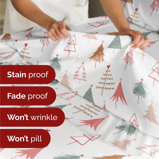 King Christmas Tree Sheet Set - Holiday Xmas Pattern Linen Set - Deep Pockets - Snug Fit - 4 Piece - Wrinkle Free - Comfy & Cooling Festive Winter Bedding - Easy To Care For - Kid Friendly