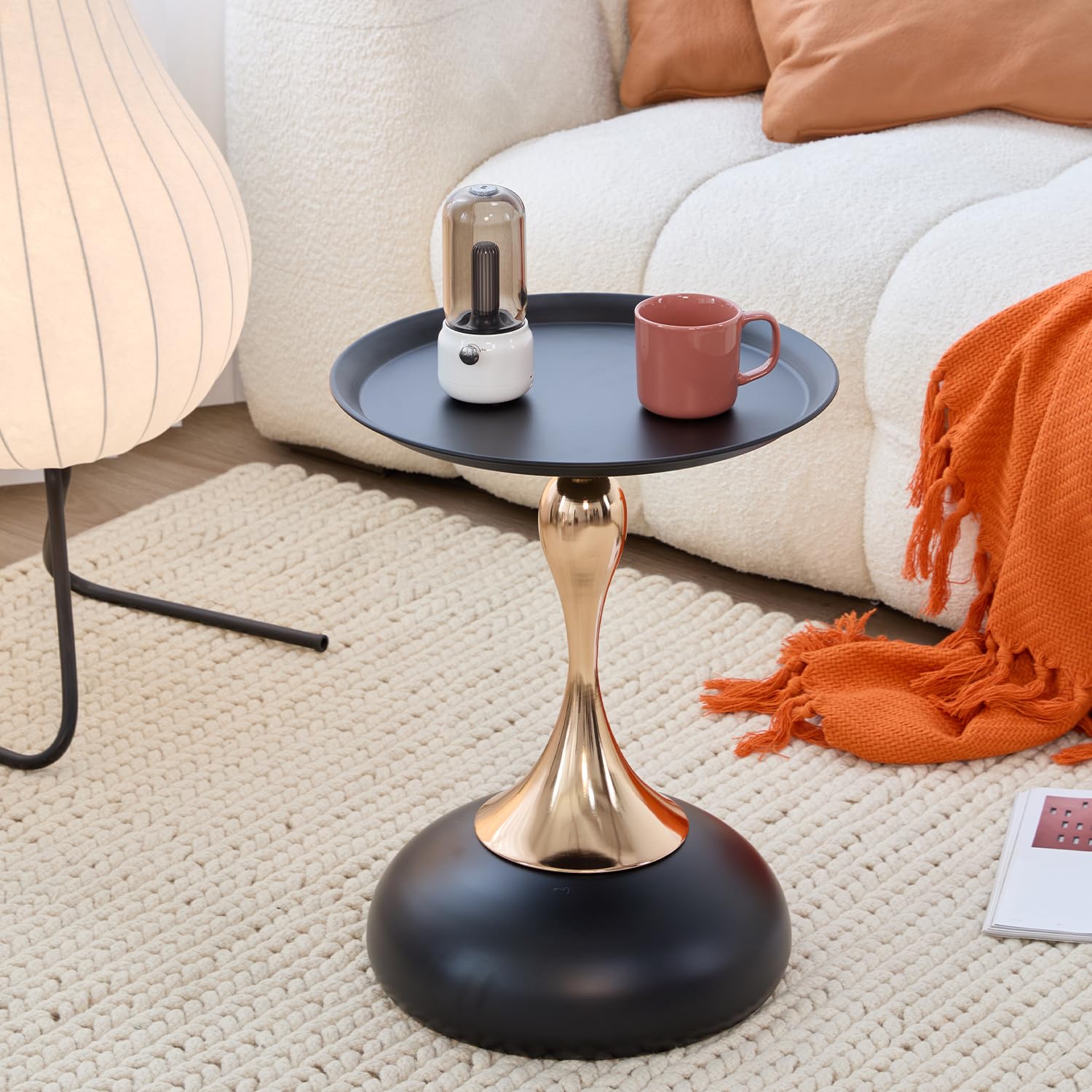 Modern Round Side Table with Gold Pedestal Base, Black Metal Top, Accent End Table for Living Room (White)