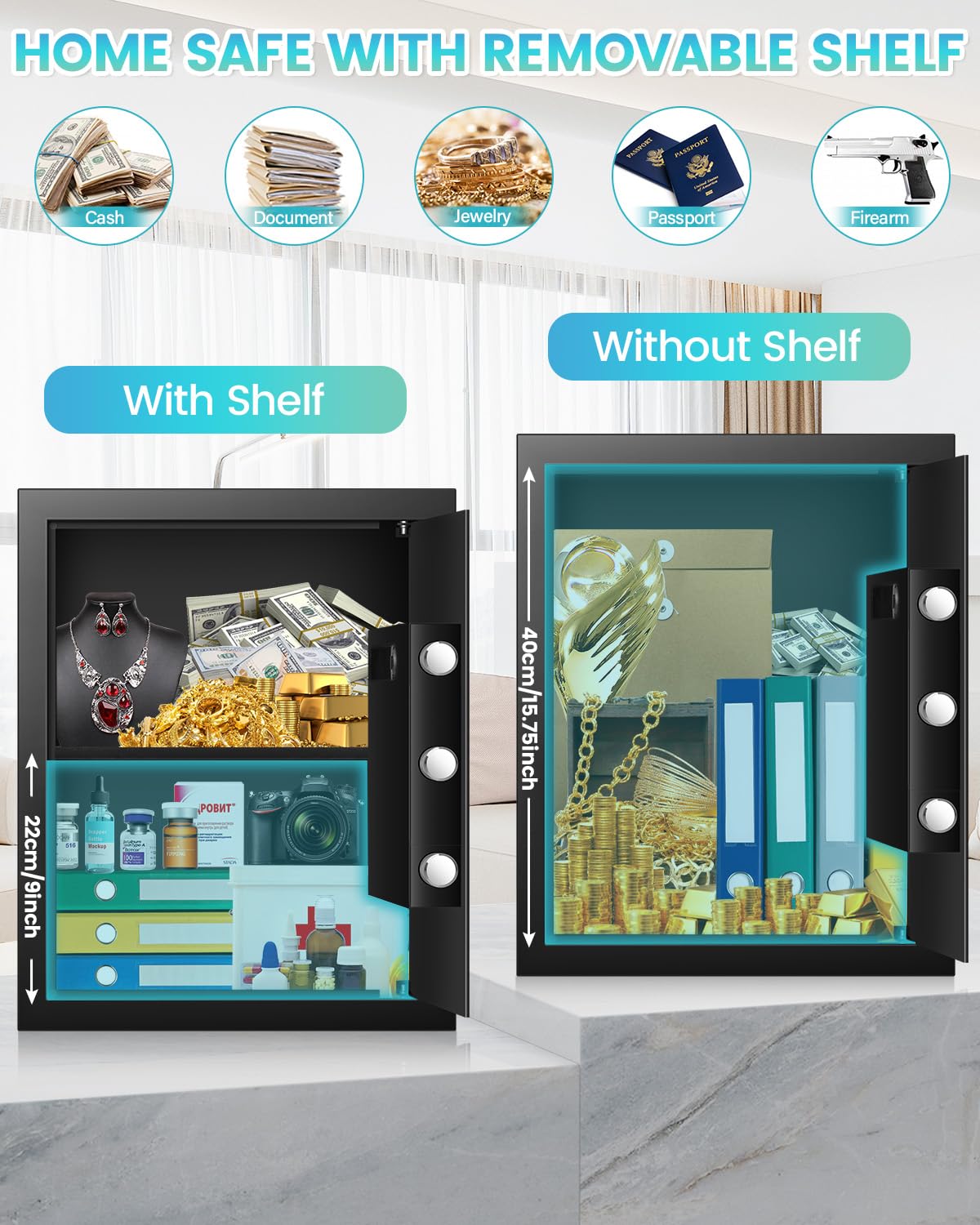 2.5 Cuft brandsikker boks, pengeskab til hjemmet med brandsikker vandtæt taske, tyverisikring digital sikkerhedsboks med smart alarmsystem, aftagelig hylde, mute-funktion, personlig pengeskab til pengesmykker