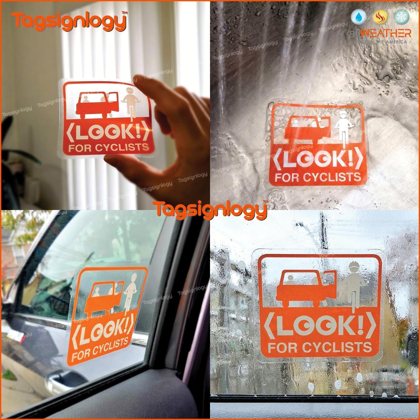 (4 pcs) Look for Cyclists - UV Weatherproof Clear Sticker - for Passenger Bicycle Bike Driver Safety Caution Sign - Taxi Car Open Door Window Cling Transparent Waterproof Vinyl Decals