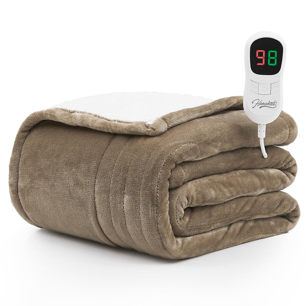 Homemate Electric Heated Blanket Queen - 84"x90" Heating Blanket Queen Size Dual Control 1/2/4/6/8 Hours Auto-Off 10 Heat Level Heat Blanket Over-Heat Protection Flannel Sherpa ETL Certification