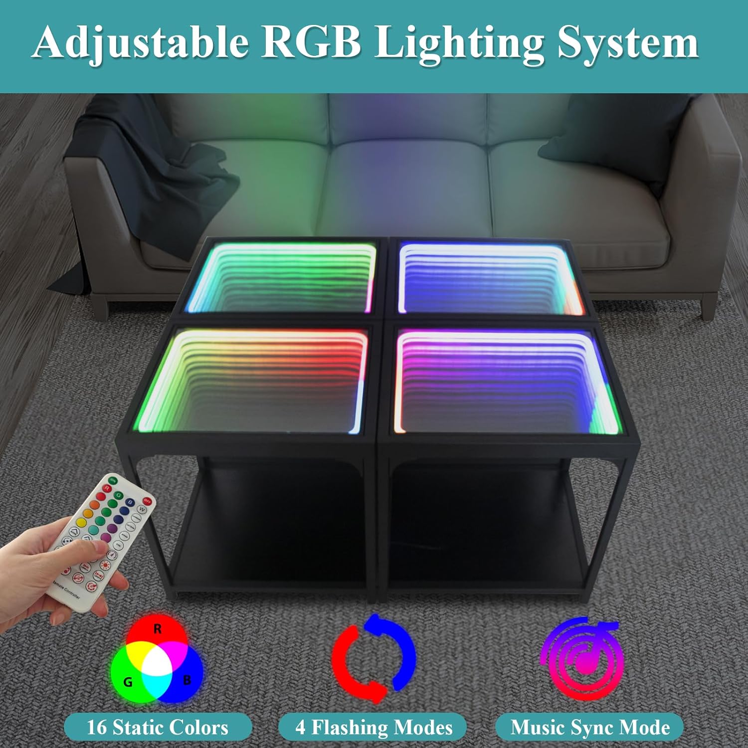 Infinity Mirror Light Table, Coffee Tables for Living Room, with 3D Infinity Illusion Mirror, RGB Side Table, with Tunnel Light, with Futuristic Decor, for Bedroom, Party