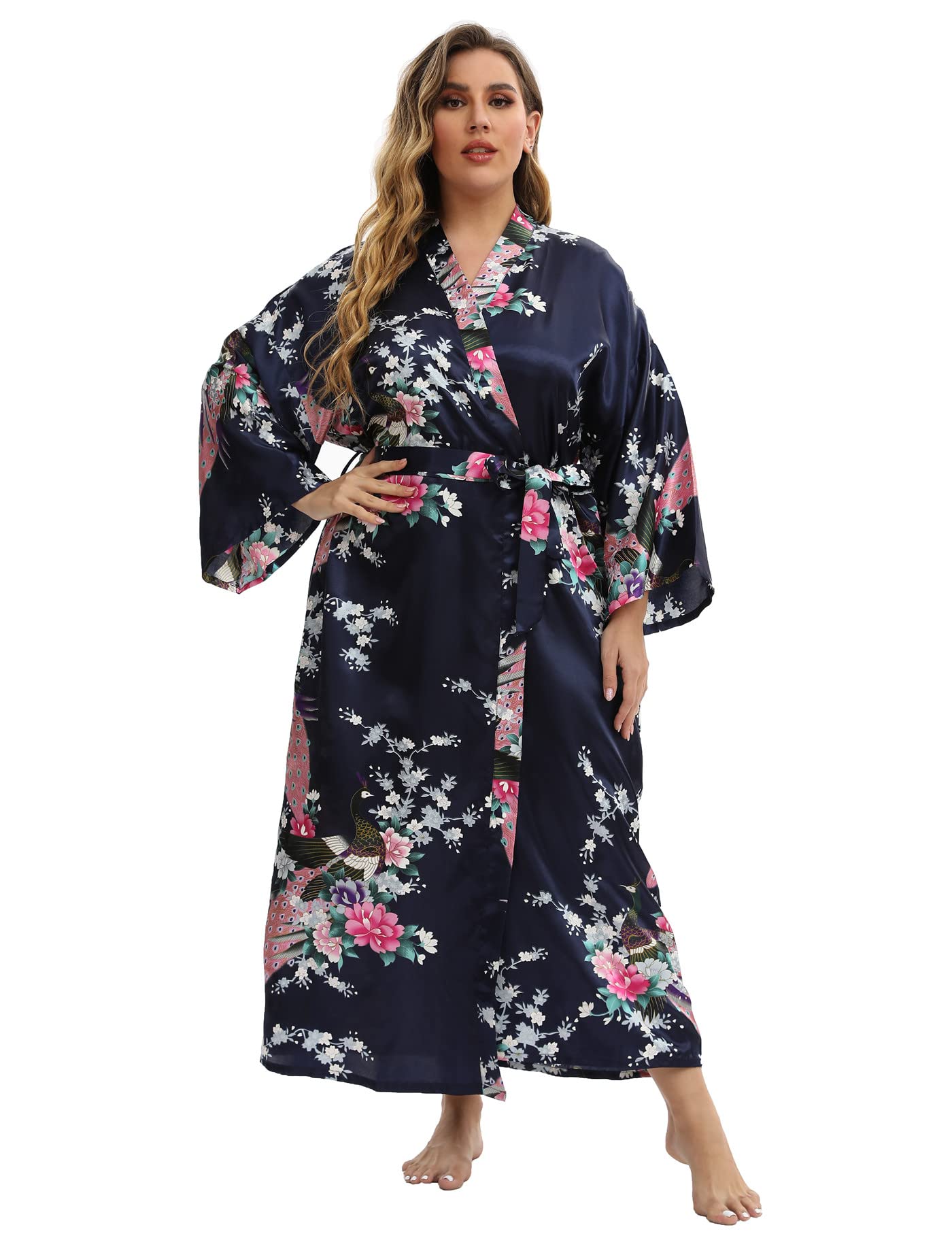 Women's Floral Long Satin Robes Plus Size Long Silk Robes Peacock Floral Kimonos Sleepwear Dressing Gown
