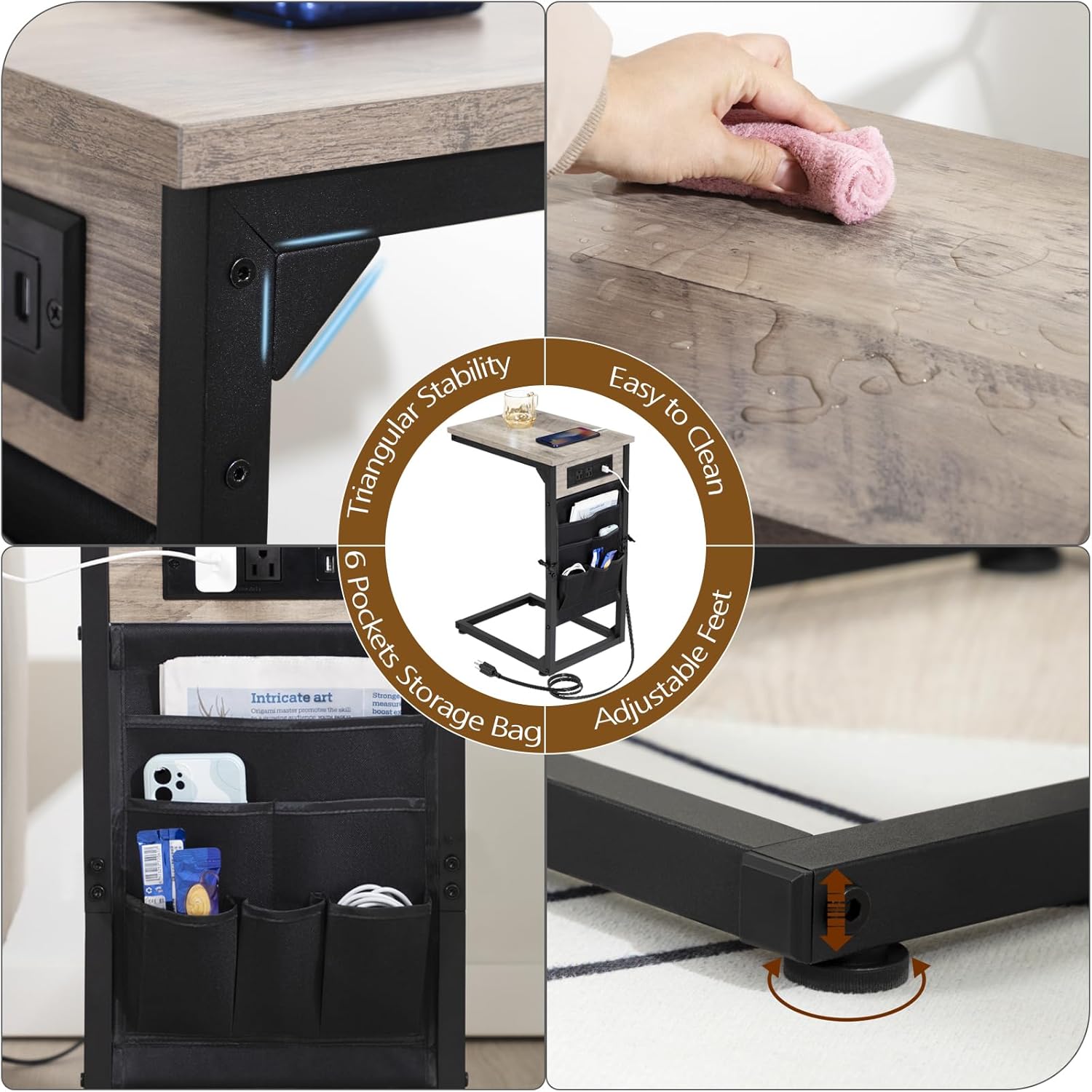 AMHANCIBLE C Shaped End Table with Charging Station, TV Tray Set of 2, Couch Tables with Storage Bag, Slide Under Sofa Side Table with USB Ports and Outlets for Living Room, Grey HET04CGY