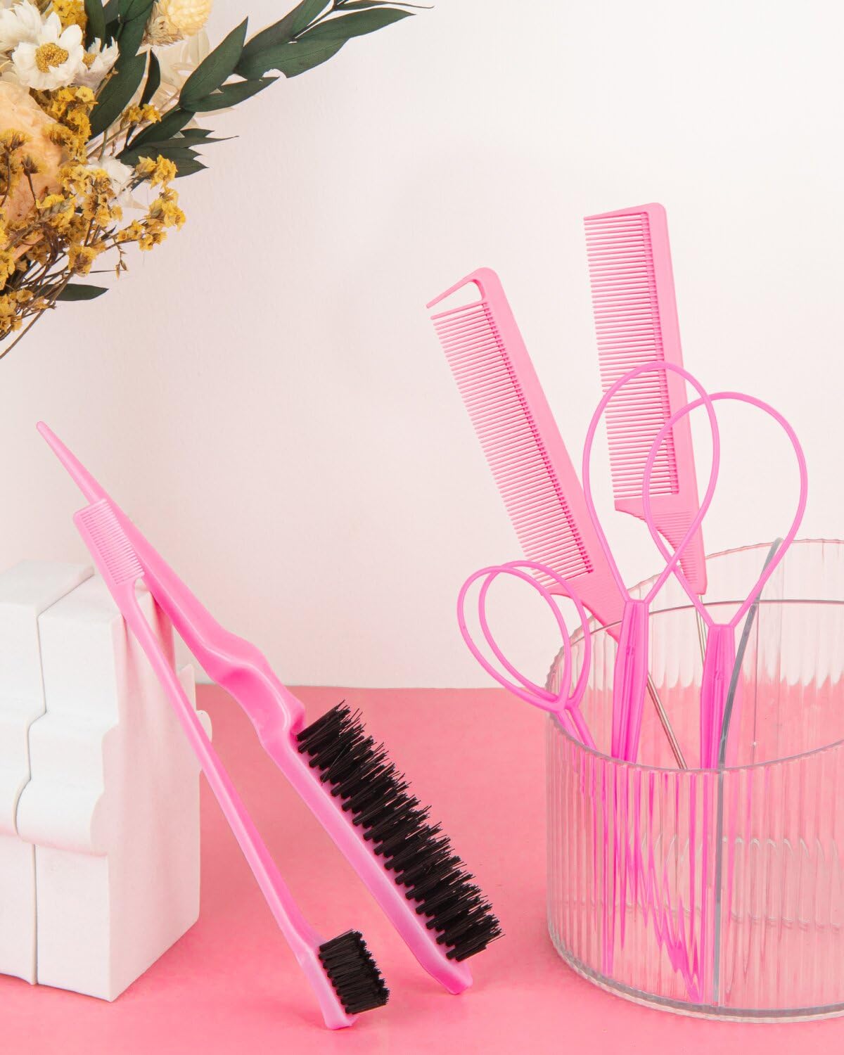 Aigee 8 dele hårstyling kammesæt inkluderer 4 stk Topsy hårhaleværktøjer, 2 stilarter af rottehale kam, 1 stk børste til teasing og glat tilbage hår, 1 stk kantkontrolbørste, øjenbrynsbørste til kvinde pige pink
